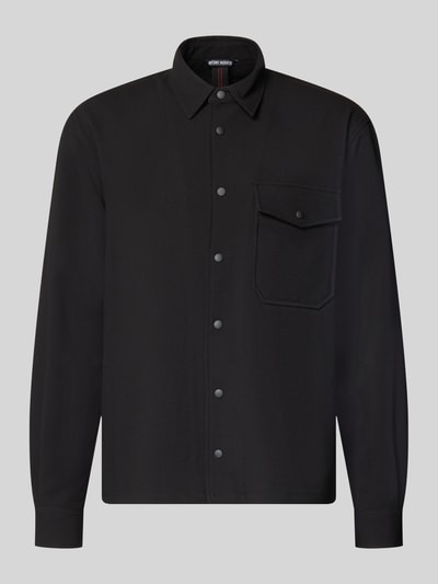 Produktfoto, zwarte Regular Fit Hemdjacke met viscose van Antony Morato Model 'SANTIAGO', Materiaalmix, Kentkraag, Drukknoopsluiting, Borstzak met drukknoop, manchetten met drukknoop, ruglengte bij maat 50: 65 cm