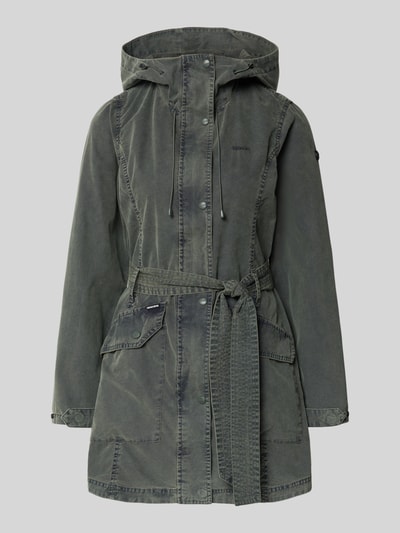 Produktfoto, Jacke mit Bindegürtel Modell 'PREA' von khujo in Khaki, Baumwoll-Mix, Regular-Fit, Kapuze, Label-Stitching, Bindegürtel.