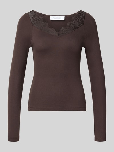 Produktfoto, Slim Fit Longsleeve aus reiner Baumwolle von Rich & Royal in Dunkelbraun mit V-Ausschnitt und Spitzenbesatz, Damenmode