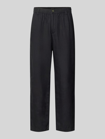 Produktfoto, Leinenhose mit Eingrifftaschen Modell 'KARL LAWRENCE' von Jack & Jones Premium, reine Leinen, Straight Fit, glatte Textur, elastischer Bund, Knopf- und Reißverschluss, Farbe Dunkelgrau, französische Eingrifftaschen, Gesäßleistentaschen, Bundweite 42 cm, Innenbeinlänge 75 cm, Größe M.