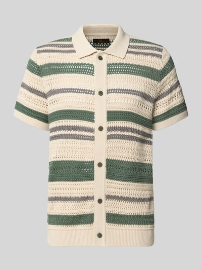 Produktfoto, Modern Fit Freizeithemd in Strick-Optik mit Knopfleiste von Jack & Jones Premium, gestreift in Grün, Beige und Grau, reine gewachste Baumwolle, Modell BLUHAMILTON, Kentkragen, glatte Textur, Rückenlänge 72 cm, Ärmellänge 23 cm.