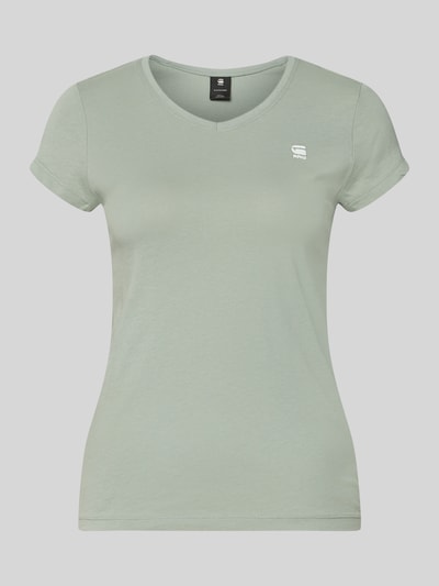 Produktfoto, T-Shirt mit Label-Stitching von G-Star Raw, bawełna, krój slim fit, prążkowany dekolt, długość tyłu S: 57 cm, jasny zielony, gładka faktura