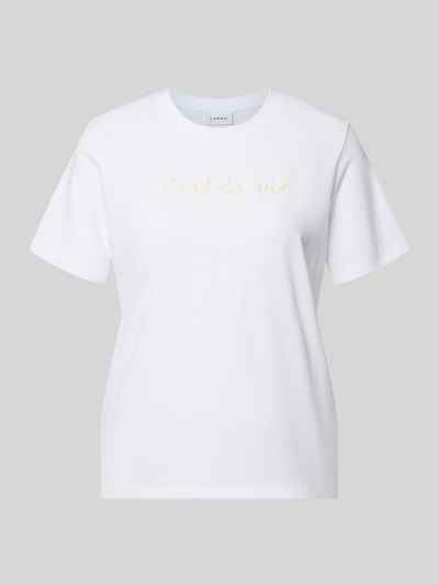 Produktfoto, Regular Fit T-Shirt mit Motiv-Print von Comma aus elastischem Baumwoll-Mix mit Modal-Anteil, Rundhalsausschnitt, weiße Farbe, Rückenlänge 57 cm bei Größe 36.