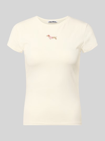 Produktfoto, T-Shirt mit Motiv-Stitching und Rundhalsausschnitt von REVIEW in Creme, Baumwoll-Elasthan-Mix, Slim-Fit, Rückenlänge 54 cm, Damen T-Shirt