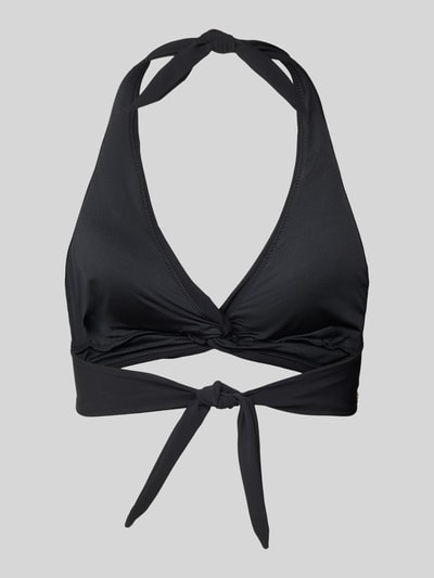 Produktfoto, czarne bikini-Oberteil mit Label-Detail Modell 'SOLID' von Barts, mieszanka materiałów z dodatkiem streczu, wyprofilowany, dekolt w serek, wiązany detal, wiązanie, detal z logo