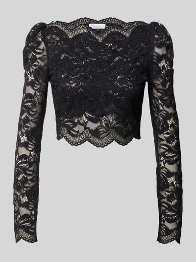 Produktfoto, schwarze Cropped Langarmbluse aus Spitze von Rabanne, semitransparent, enge Passform, elastischer Material-Mix, florale Muster