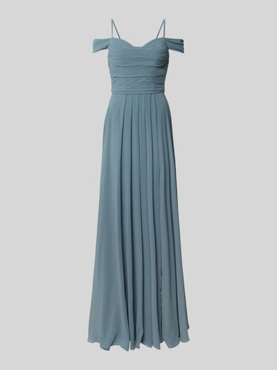 Produktfoto, Maxikleid im Off-Shoulder-Look mit Gehschlitz von Mascara in Hellblau, A-Linie, Drapierungen, fließender Stoff, glatte Textur