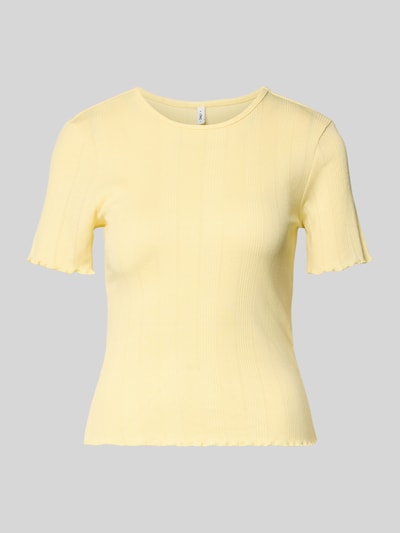 Produktfoto, Slim Fit T-Shirt aus Baumwoll-Mix Modell 'TENNA' von Only in zartgelb, unifarben, feine Rippstruktur, kurze Frill-Ärmel, Rundhalsausschnitt
