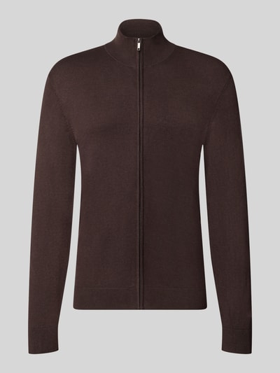 Produktfoto, Slim Fit Strickjacke aus Viskose-Mix mit Stehkragen von MCNEAL in Dunkelbraun, feine Textur, elastische Abschlüsse, Reißverschluss