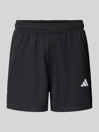 Produktfoto, Straight Fit Shorts mit Logo-Print in Mesh-Optik von adidas Training, czarne, siateczka, elastyczny pas, szerokość w rozmiarze M: 39 cm, długość wewnętrzna nogawki w rozmiarze M: 12 cm