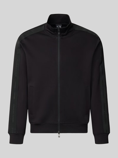 Produktfoto, Regular Fit Sweatjacke aus Baumwoll-Mix Modell 'Felpa' von Armani Exchange in Schwarz mit Stehkragen und Zweiwege-Reißverschluss, elastische Abschlüsse, eingearbeitete Armani-Schriftzüge an den Ärmeln, glatte Struktur