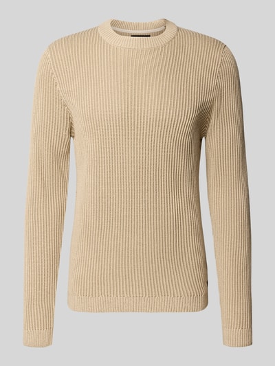 Produktfoto, Slim Fit Strickpullover aus Baumwoll-Mix Modell 'DOVER' von JACK & JONES in Beige mit elastischen Abschlüssen, fein gerippte Textur