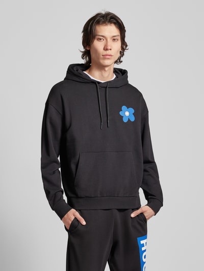 Hugo Blue Hoodie met motiefprint, model 'Nolumbine' Zwart - 4