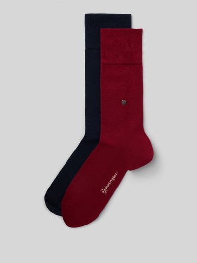 Produktfoto, Socken aus Baumwoll-Mix im 2er-Pack von Burlington, mieszanka bawełny z dodatkiem streczu, zestaw 2 szt., prążkowane ściągacze, detal z logo, w kolorach granatowym i bordowym, gładka tekstura.