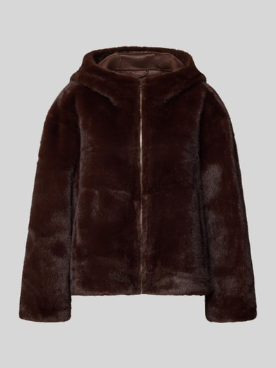 Produktfoto, braune Jacke aus Kunstfell mit Reißverschluss Modell 'PANDY' von ba&sh, samtige Textur, Regular Fit, Kapuze, neutrale Fläche.
