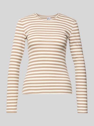 Produktfoto, Slim Fit Langarmshirt aus Baumwoll-Mix von Pieces, efekt: dwukolorowy, wzór w paski, okrągły dekolt, prążkowana dzianina, kolor beżowo-biały