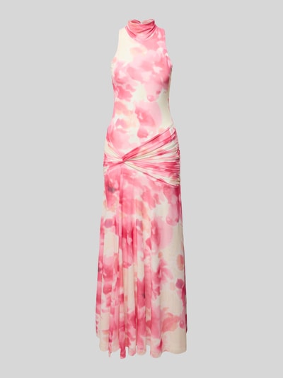 Produktfoto, Cocktailkleid im Allover-Look mit Knotendetail von Bardot, Maxikleid in Rosa und Weiß, figurbetonter Schnitt, Stehkragen, Material-Mix mit Stretch-Anteil