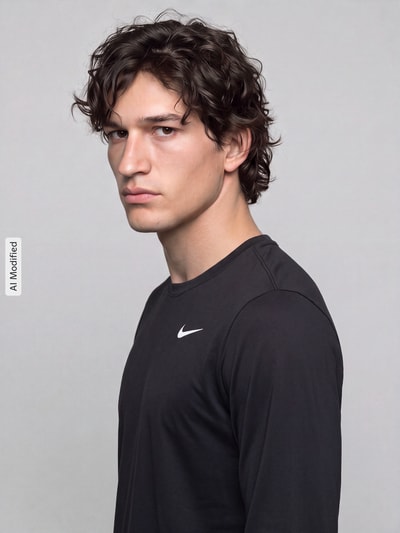 Männermodel trägt schwarzes Regular Fit Sport-Langarmshirt mit Rundhalsausschnitt von Nike Training, Nahaufnahme Oberkörper, KI-modifiziertes Bild.