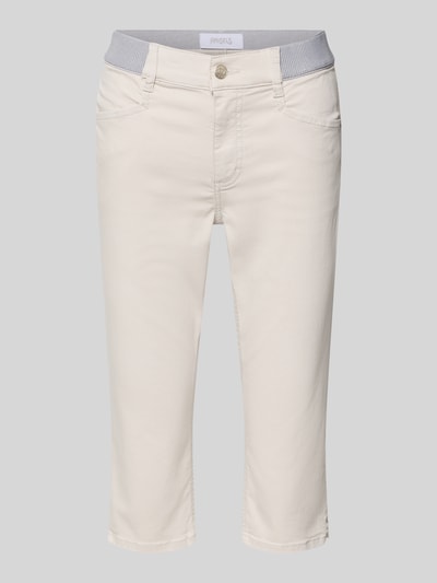 Produktfoto, Caprihose mit elastischem Bund Modell 'AnnaCapri Sporty' von Angels aus Baumwoll-Mix mit Stretch-Anteil in hellem Beige, Slim-Fit, sichtbare Taschen und strukturierte Oberfläche, Bundweite bei Größe 36: 39 cm, Innenbeinlänge bei Größe 36: 46 cm