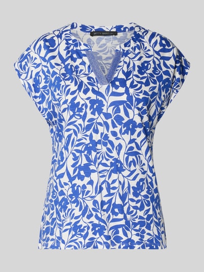 Produktfoto, T-Shirt mit Tunikakragen von Betty Barclay, blau-weiß gemustert, Baumwoll-Modal-Mix, Straight Fit, Kappärmel, Damen T-Shirt, Rückenlänge 53 cm bei Größe 36.