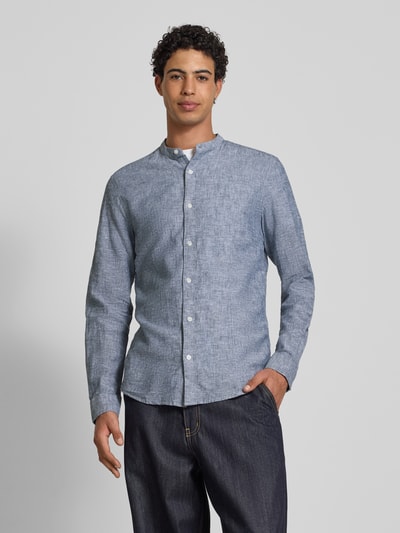 Only & Sons Slim fit linnen overhemd met opstaande kraag, model 'CAIDEN' Donkerblauw - 4