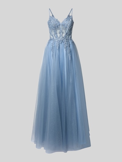 Produktfoto, sukienka gorsetowa z haftami i głębokim dekoltem na plecach 'Corsagenkleid mit Stitchings und tiefem Rückenausschnitt' od Luxuar, tiul, taliowany krój, długa sukienka, długość tyłu w rozmiarze 36: 124 cm, szerokość klatki piersiowej w rozmiarze 36: 31 cm, jasnoniebieski, delikatna faktura tiulu