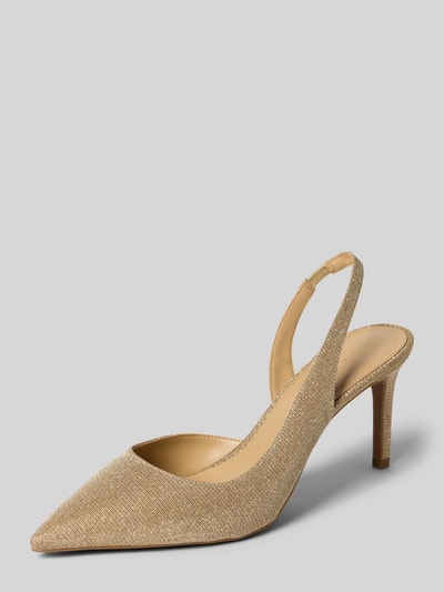 Produktfoto, Pumps mit offener Ferse Modell 'ALINA' von MICHAEL Michael Kors in Gold mit Effektgarn, schmale Riemen, glänzendes Design, Pfennigabsatz, glatte Sohle, 9 cm Absatzhöhe, spitz zulaufende Form