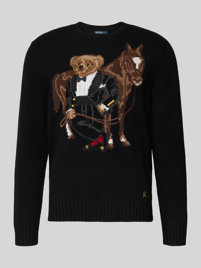 Produktfoto, Strickpullover aus Wolle mit Motiv von Polo Ralph Lauren in Schwarz mit Rundhalsausschnitt und Motiv, Herren, Regular-Fit