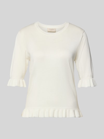 Produktfoto, Regular Fit T-Shirt aus Viskose-Mix Modell 'Katie' von FREE/QUENT in Creme mit Rüschenbesatz, Strick-Optik, Halbarm, Rundhalsausschnitt