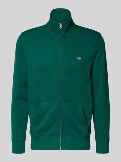 Produktfoto, Sweatjacke mit Label-Stitching von Gant aus Baumwoll-Mix in Grün, Stehkragen, Reißverschluss, Regular Fit, glatte Textur