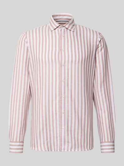 Produktfoto, Slim Fit Business-Hemd aus Leinen-Mix mit Kentkragen von Jake*s, gestreift in Rosa und Weiß, Langärmelig, glatte texturierte Oberfläche, durchgängige Knopfleiste, Sportmanschetten, Rückenlänge 77 cm, Schulterbreite 48 cm, Ärmellänge 68 cm, Baumwoll-Leinen-Mix