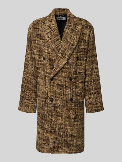 Produktfoto, brązowy dwurzędowy płaszcz z mieszanki materiałów z dodatkiem wełny, krój regular fit, szerokość w rozmiarze M: 51 cm, długość tyłu w rozmiarze M: 111 cm, szerokość ramion w rozmiarze M: 50 cm, długość rękawa w rozmiarze M: 68 cm, model 'MATESSO' od DRYKORN