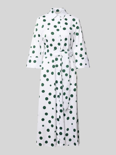 Produktfoto, Hemdblusenkleid aus reiner Baumwolle Modell 'Alina' von Christian Berg Woman, weiß mit grünen Punkten, taillierte Passform, Hemdblusenkragen, 3/4-Arm, durchgängige Knopfleiste, Taillienband, Rückenlänge bei Größe 36 121 cm, Brustweite 46 cm, Ärmellänge 48 cm