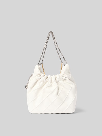 Produktfoto, Hobo Bag mit Tragehenkel von Tory Burch in Weiß mit Steppmuster, offenem Hauptfach, 17x22x7 cm, silberfarbener Schulterriemen