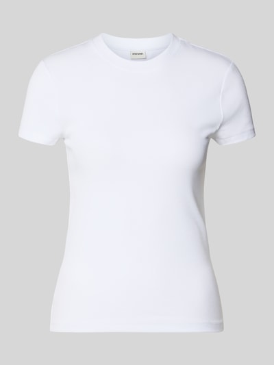 Produktfoto, Slim Fit T-Shirt mit Rundhalsausschnitt Modell 'COSTINA' von Stefanel, damski t-shirt, mieszanka bawełny i elastanu, krój slim fit, okrągły dekolt, długość tyłu w rozmiarze S: 55 cm, kolor biały, gładka faktura