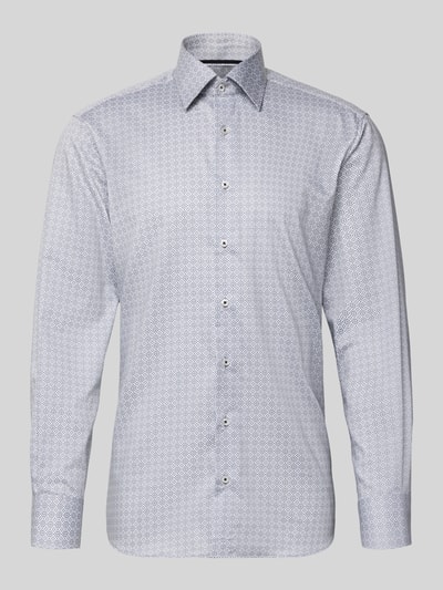 Produktfoto, Regular fit Business Hemd aus Baumwolle mit Kentkragen von ETERNA, feines Muster, Knopfleiste, Weiß und Blau, Größe 40, Rückenlänge 80 cm, Schulterbreite 47 cm, Ärmellänge 65 cm.