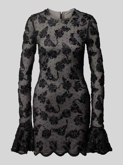 Produktfoto, Minikleid mit floralem Besatz von ROTATE, schwarzer Spitzenstoff mit floralen Akzenten, Slim Fit, blickdichtes Unterkleid, langärmliges Design, neutrale Farbkombination, zarte Textur, Kontext: Damen Minikleid mit Spitze, Gesamtlänge 88 cm, Brustweite 40 cm, Ärmellänge 84 cm