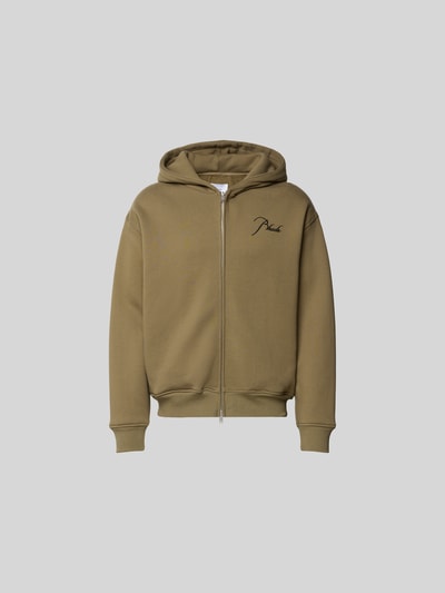 Produktfoto, Oversized Sweatjacke aus Baumwolle von RHUDE in Khaki mit Zweiwege-Reißverschluss, Label-Stitching, elastische Abschlüsse, glatte Oberfläche