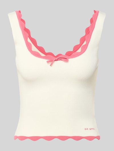 Produktfoto, Crop Top aus Viskose-Mix mit Wellensaum Modell 'Anele' von OH APRIL, Damen Top im Stricktop-Design, Cropped, Schnürung, weiß-rosa