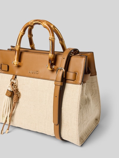 Produktfoto, Handtasche mit Logo-Detail von Liu Jo White aus Baumwoll-Mix mit Leinen-Anteil, Henkel in Holzoptik, Beige und Braun, Maße: 32x25x32 cm, Schulterriemen 95 cm, geteiltes Hauptfach, Magnet- und Reißverschluss, stilvolle Struktur.