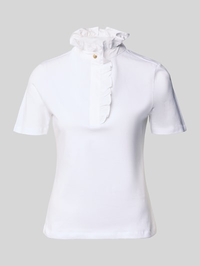 Productfoto, wit T-shirt met opstaande kraag en ruches van Rich & Royal, puur katoen, regular fit, lengte 58 cm, zachte textuur.