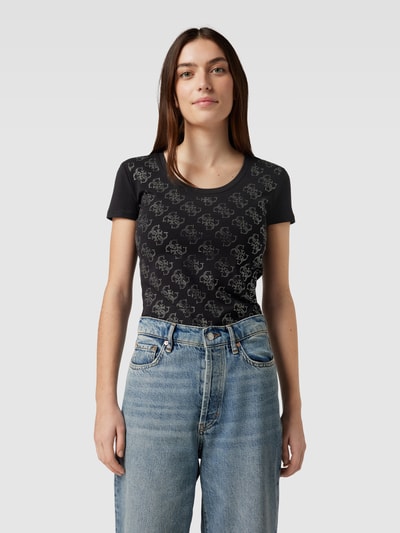 Guess T-Shirt mit Label-Muster aus Strasssteinbesatz Black 4