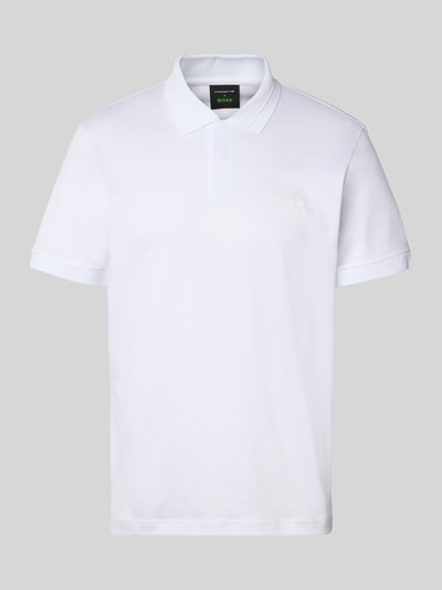 Produktfoto, Regular Fit Poloshirt aus reiner Baumwolle Modell 'PS Spirit 70 Plk' von BOSS Green X PORSCHE, weiß, kurzarm, unifarben, Polokragen, Label-Schriftzug, 4 Way Stretch, strukturierte Oberfläche