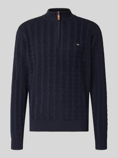 Produktfoto, Strickpullover met kurzem Reißverschluss van Fynch-Hatton, donkerblauw, katoen, regular fit, geribde boorden, label-stitching.