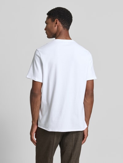 Männermodel trägt T-Shirt mit kurzer Knopfleiste Modell 'ENIL' von Drykorn aus Reine Baumwolle, Regular-Fit, Rückenlänge 60 cm, Ganzkörperansicht Rückansicht.