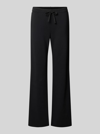Produktfoto, schwarze Flared Fit Sweatpants mit Tunnelzug von Juvia aus elastischem Baumwoll-Modal-Mix, elastischer Bund, Eingrifftaschen.