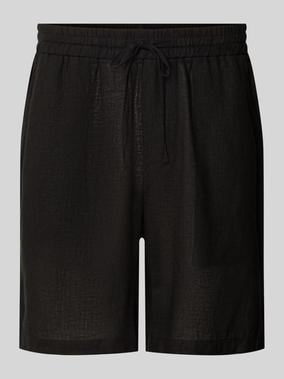 Produktfoto, Regular Fit Shorts aus Leinen-Viskose-Mix Modell 'LAURENCE' von Only & Sons, Optik: Unifarben, Tunnelzug, elastischer Bundabschluss, Eingrifftaschen, Gesäßtaschen, feine Struktur, schwarze Farbe.