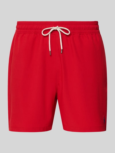 Produktfoto, Badehose mit Mesh-Einsatz von Polo Ralph Lauren Underwear in Rot, unifarben, Label Patch, Logo-Stitching, elastischer Bund mit Tunnelzug, seitliche Eingrifftaschen, tylna kieszeń z guzikiem, kontekst: Herren Badehose