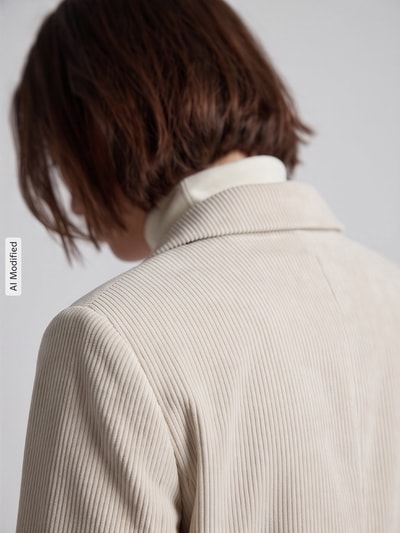 Frauenmodel trägt Loose Fit Longblazer mit steigendem Reverskragen Modell 'NORA' von VERO MODA in Beige mit feiner Rippstruktur, Nahaufnahme Rückansicht, KI-modifiziertes Bild.