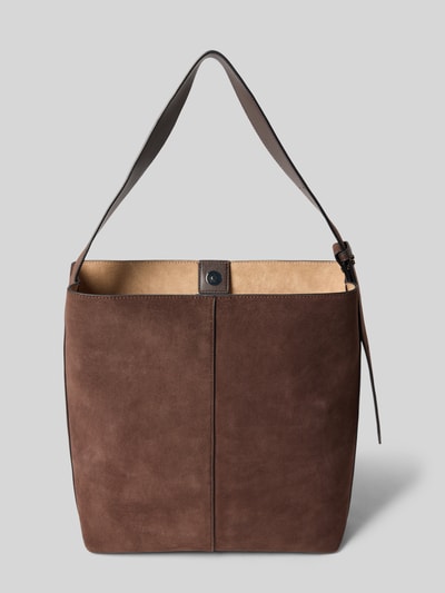 Produktfoto, Shopper aus echtem Kalbsleder Modell 'ARINA' von Marc O'Polo w kolorze brązowym, welurowa tekstura, kształt prostokątny, odpinana wewnętrzna kieszeń, zamknięcie na magnes
